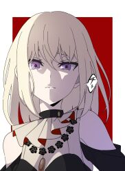 1girl bang_dream! bang_dream!_it&#039;s_mygo!!!!! blonde_hair border clothing_cutout commentary doloris_(bang_dream!) hair_between_eyes highres looking_at_viewer medium_hair misumi_uika ora_(oraora_oekaki) outside_border parted_lips purple_eyes red_background shoulder_cutout solo upper_body white_border