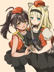 Rule 34 | 2girls, animal ears, aviation magic band, bird ears, bird tail, black hair, black pantyhose, black skirt, blonde hair, blue eyes, blush, breasts, brown eyes, collar, dark-skinned female, dark skin, garrison cap, hairband, hat, highres, looking at viewer, luminous witches, manaia matawhaura hato, maria magdalena dietrich, medium breasts, multiple girls, murayama kei, open mouth, pantyhose, red vest, short eyebrows, simple background, skirt, sleeveless, smile, squirrel ears, squirrel girl, standing, tail, vest, world witches series