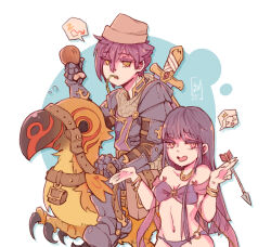 1boy 1girl armor armored_boots arrow_(projectile) bangle bikini bird boots bracelet breastplate breasts brown_hat chainmail cleavage commentary dancer dancer_(ragnarok_online) english_commentary enralis feet_out_of_frame gauntlets grey_bikini hat highres holding holding_arrow jewelry knight_(ragnarok_online) long_hair looking_at_viewer medium_breasts navel open_mouth pauldrons peco_peco pink_eyes purple_hair purple_tabard ragnarok_online riding riding_bird saddle short_hair shoulder_armor smile swimsuit sword tabard weapon white_background yellow_eyes