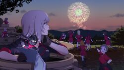 Rule 34 | 6+girls, ankle boots, binoculars, black footwear, black gloves, black jacket, black socks, blue eyes, boots, brown eyes, brown hair, clothes around waist, dress shirt, fireworks, girls und panzer, gloves, gradient sky, grey hair, hands on own hips, headphones, headphones around neck, highres, holding, holding binoculars, holding map, itsumi erika, jacket, jacket around waist, kojima emi, kuromorimine military uniform, long sleeves, looking at another, map, medium hair, military, military uniform, military vehicle, miniskirt, motor vehicle, multiple girls, one-hour drawing challenge, open mouth, orange sky, outdoors, pleated skirt, pointing, ponytail, red shirt, red skirt, revision, running, shinmai (kyata), shirt, short hair, short ponytail, skirt, sky, sleeves rolled up, smile, socks, standing, tank, tank cupola, tiger i, tree, twilight, very short hair