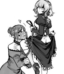 Rule 34 | 2girls, apron, black dress, black shoes, blush, breasts, chain, chain leash, character request, closed mouth, collar, comentary, commentary, copyright request, cuffs, dress, english commentary, frilled dress, frills, grey dress, grey hair, greyscale, hair bun, half-closed eyes, handcuffs, heart, holding, holding leash, kneehighs, kneeling, leash, leg up, light frown, long sleeves, maid, maid apron, maid headdress, medium breasts, medium hair, monochrome, motion lines, multiple girls, muzzle (mask), nanadouken, off-shoulder dress, off shoulder, partially shaded face, pointy ears, role reversal, shoes, short hair, simple background, socks, turning head, white apron, white background, white hair, yuri