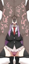 1boy 1girl absurdres arms_behind_back ass bar_censor black_jacket black_thighhighs blazer censored clothed_female_nude_male commentary_request fellatio hetero highres jacket kumiyabe long_hair necktie nude open_mouth oral panties penis purple_hair red_necktie red_panties reisen_udongein_inaba squatting testicles thighhighs touhou underwear view_between_legs