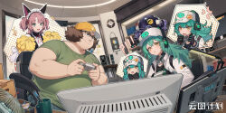 !? 1boy 1girl absurdres akiha_rumiho akiha_rumiho_(cosplay) antonina_(neural_cloud) aqua_hair baseball_cap brown_hair character_request check_character commentary_request controller copyright_name cosplay crossover douwo_mkd fat fat_man fisheye game_cg game_controller girls&#039;_frontline girls&#039;_frontline_neural_cloud glasses gloves green_eyes green_shirt hashida_itaru hat headphones highres holding holding_controller holding_game_controller image_in_thought_bubble indoors maid monitor official_art otaku pink_hair pom_pom_(cheerleading) second-party_source shirt steins;gate t-shirt taisch_(neural_cloud) yellow_eyes