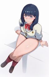 1girl black_hair blue_eyes blush bow bowtie crossed_legs from_above gridman_universe hair_over_shoulder medium_hair miniskirt red_socks school_uniform shee-p_(inemurisheep113) shirt shoes sitting skirt socks solo ssss.gridman sweater takarada_rikka thick_thighs thigh_focus thighs white_background white_shirt white_sweater