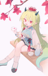 1girl absurdres ankle_socks arm_support branch breasts choko_(cup) commentary commission cropped_vest crossed_legs cup doribae dragon_girl dragon_horns dragon_tail fang flower flower_hairband foot_out_of_frame frilled_skirt frills garam_(ryeoubi) green_footwear green_hair green_horns green_skirt green_tail green_vest hair_between_eyes hairband hanbok hand_up highres holding horns jacket jeogori_(clothes) korean_clothes long_hair long_sleeves looking_at_viewer medium_breasts open_clothes open_jacket open_mouth original petals pointy_ears puffy_long_sleeves puffy_sleeves red_eyes red_flower red_ribbon ribbon simple_background sitting skin_fang skirt smile socks solo symbol-only_commentary tail tassel tokkuri very_long_hair vest white_background white_hairband white_jacket white_socks