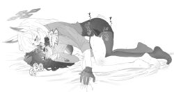 2girls animal_ears barefoot biting biting_ear blue_archive blush bra clothes_lift commentary_request dog_ears female_sensei_(blue_archive) female_sensei_(blue_archive)_(senta_(ysk_0218)) gloves halo hand_on_another&#039;s_head highres kanna_(blue_archive) long_hair multiple_girls panties pantyhose sensei_(blue_archive) senta_(ysk_0218) sharp_teeth shirt_lift skirt speech_bubble sweat teeth toes translation_request underwear yuri