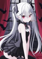 1girl ascot bare_shoulders bat_(animal) black_bow black_bowtie black_dress black_ribbon black_thighhighs bow bowtie brooch closed_mouth commentary_request curtains dress ear_piercing earrings frilled_dress frills hair_between_eyes hair_ornament hair_ribbon head_wings heart heart_earrings heart_hair_ornament highres indoors iris37337 jewelry long_hair looking_at_viewer original piercing red_brooch red_eyes ribbon seiza short_dress sitting sleeveless sleeveless_dress solo thighhighs twintails twitter_username very_long_hair white_ascot white_hair window wings x_hair_ornament