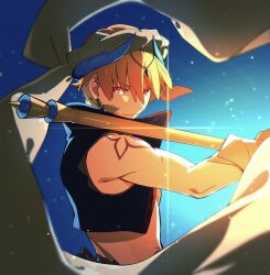 1boy bare_shoulders blonde_hair blue_vest chietori closed_mouth earrings fate/grand_order fate_(series) gilgamesh_(fate) gold_trim highres holding holding_staff jewelry looking_at_viewer male_focus night night_sky ornament red_eyes short_hair sky staff tattoo vest white_headwear