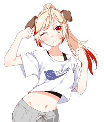 Rule 34 | 1girl, animal ears, black tank top, blonde hair, blush, chukachuka, clenched hands, closed mouth, commentary request, dog ears, dog girl, droopy ears, flexing, grey shorts, hair ornament, high ponytail, highres, long hair, midriff, multicolored hair, nanashi inc., navel, one eye closed, orange eyes, ponytail, red hair, seshima rui, shirt, shorts, simple background, solo, tank top, transparent background, two-tone hair, upper body, virtual youtuber, white shirt, x hair ornament