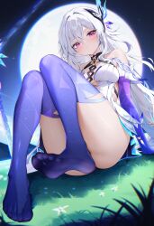Rule 34 | 1girl, absurdres, bare shoulders, blush, breasts, butterfly hair ornament, closed mouth, dress, feet, genshin impact, gradient thighhighs, hair between eyes, hair ornament, highres, knees up, long hair, looking at viewer, medium breasts, on grass, pink eyes, prosthesis, prosthetic arm, prosthetic leg, purple hands, radoremo, sitting, skirk (genshin impact), soles, solo, thick thighs, thighs, toe seam, toes, very long hair, white dress, white hair