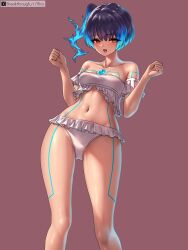 1girl bikini black_hair blue_hair breasts brown_background chest_jewel cowboy_shot highres multicolored_hair navel riro_(breakthrough_rr) sena_(xenoblade) simple_background small_breasts solo swimsuit two-tone_hair white_bikini xenoblade_chronicles_(series) xenoblade_chronicles_3 yellow_eyes