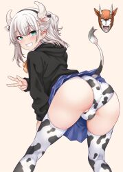 1boy animal_ears animal_print anus anus_peek ass black_sweater blonde_hair blue_skirt blush bulge clothes_lift come_hither cow_boy cow_ears cow_horns cow_print cow_print_panties cow_print_thighhighs cow_tail crossdressing ears fake_animal_ears green_eyes hair_between_eyes hands_on_own_knees head_back headband highres horns imminent_penetration kneepits leggings looking_at_viewer male_focus medium_hair monochrome_background nanamatsu_kenji pale_skin panties peace_symbol penis penis_in_panties penis_peek print_thighhighs raised_eyebrows ribbon school_uniform shiny_skin simple_background skindentation skirt skirt_lift sleeves_past_wrists smile solo sweater tail tail_raised teeth testicle_peek testicles thick_thighs thighhighs thighs trap underwear