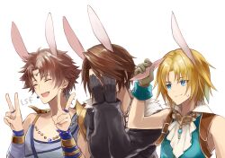 3boys animal_ears armor ascot bartz_klauser bead_bracelet bead_necklace beads black_gloves black_jacket blonde_hair blue_eyes blue_tank_top blue_vest bracelet bridal_gauntlets brown_gloves brown_hair chain chain_necklace circlet closed_eyes covering_face covering_own_eyes dissidia_final_fantasy double_v earrings final_fantasy final_fantasy_ix final_fantasy_v final_fantasy_viii floating_earring forced_smile fur-trimmed_jacket fur_trim gloves gold_bracelet hand_on_own_ear hand_up hands_up happy high_collar jacket jewelry kemonomimi_mode leaning_forward long_sleeves male_focus multiple_boys necklace open_mouth pauldrons rabbit_ears sasanomesi shirt shoulder_armor shoulder_strap simple_background single_pauldron smile squall_leonhart sweatdrop tank_top teeth upper_body upper_teeth_only v vest white_background white_shirt wrist_cuffs zidane_tribal
