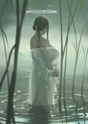 1girl absurdres bare_shoulders breasts cleavage commentary dress hair_bun hair_over_one_eye halo highres huge_breasts off-shoulder_dress off_shoulder original outdoors purple_eyes see-through_clothes see-through_dress sidelocks solo standing tnr_(horiko1525) wading water white_dress wide_sleeves