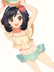 1girl :d absurdres alternate_costume arms_up bikini black_eyes black_hair flower fua1heyvot4ifsr gen_7_pokemon hair_flower hair_ornament hairband highres looking_at_viewer nintendo open_mouth pokemon pokemon_(creature) pokemon_sm rowlet selene_(pokemon) short_hair simple_background smile solo swimsuit white_background