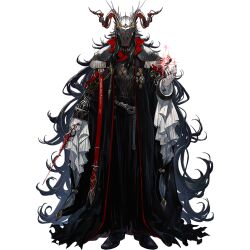 arknights black_hair curled_horns faceplate full_body hand_up holding holding_wand horns jewelry long_hair long_sleeves male_focus masked multiple_rings official_art parted_bangs ring ryuuzaki_ichi sheep_boy sheep_horns straight-on very_long_hair wand witch_king_(arknights)