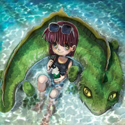 1girl animal animal_request black_one-piece_swimsuit brown_hair closed_mouth eyewear_on_head food from_above highres holding ice_cream ice_cream_float in_water knees_up lizard looking_at_viewer medium_hair nami_(rick_nami) one-piece_swimsuit original oversized_animal partially_submerged sitting smile solo sunglasses swimsuit water wet yellow_eyes