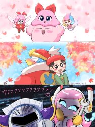 5girls adeleine armor black_hair blush chuchu_(kirby) coat colored_skin elline_(kirby) fairy fairy_wings fur-trimmed_coat fur_trim gloves highres holding holding_wrench king_dedede kirby kirby_(series) leaf maple_leaf meta_knight multiple_girls nervous_sweating nintendo pauldrons pink_hair pink_skin ribbon_(kirby) shoulder_armor susie_(kirby) sweat wings wrench yamy_(iseki_no_kusamura) yellow_gloves