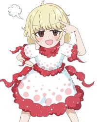 1girl absurdres blush commentary ebisu_eika facing_viewer frills hand_on_own_hip highres looking_at_viewer mesugaki mikkame shirt skirt solo touhou white_hair white_shirt white_skirt