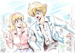 1girl 4boys albert_heinrich belt blonde_hair blouse breasts coat collarbone couple cyborg_009 francoise_arnoul great_britain hair_over_one_eye hairband highres jet_link long_hair multiple_boys pants shimamura_joe shirt short_hair taki_reki