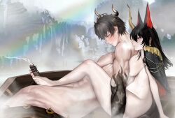 1boy 1girl animal_ears arknights barefoot black_hair boat chongyue_(arknights) ctay2273 cum ejaculation feet footjob highres long_hair nude red_eyes toes watercraft ya_(arknights)