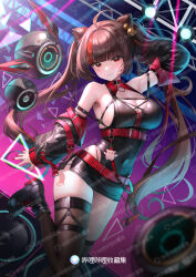 1girl :3 ahoge arm_up armpits asymmetrical_legwear bare_shoulders belt black_leotard black_skirt boots breasts brown_hair brown_thighhighs choker cleavage cleavage_cutout closed_mouth clothing_cutout cone_hair_bun covered_navel detached_sleeves drone hair_bun highleg highleg_leotard highres kero_(vtuber) large_breasts leg_up leotard long_hair long_sleeves looking_at_viewer meion miniskirt multicolored_hair nijisanji red_choker red_eyes sideboob skindentation skirt smile solo standing standing_on_one_leg streaked_hair thighhighs twintails very_long_hair virtual_youtuber virtuareal virtuareal_link zettai_ryouiki