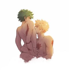 2boys ass back bakudeku bakugou_katsuki body_freckles boku_no_hero_academia bones_(company) curly_hair freckles green_hair highres messy_hair midoriya_izuku multiple_boys nude ohshidraws scar scar_on_arm scar_on_chest sex shounen_jump spiked_hair yaoi