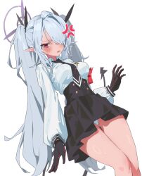 1girl absurdres anger_vein arm_at_side armband black_gloves black_necktie black_ribbon black_skirt blue_archive blush breasts collared_shirt commentary_request demon_tail dutch_angle feet_out_of_frame from_below gloves gluteal_fold grey_hair hair_between_eyes hair_over_one_eye hair_ribbon halo hand_up high-waist_skirt highres iori_(blue_archive) kiyoung_park korean_commentary long_hair long_sleeves looking_at_viewer medium_breasts miniskirt necktie one_eye_covered panties parted_lips pink_eyes pleated_skirt pointy_ears puffy_long_sleeves puffy_sleeves purple_halo red_armband ribbon school_uniform shirt simple_background skirt solo standing sweat tail thigh_gap twintails underwear upskirt v-shaped_eyebrows very_long_hair white_background white_panties white_shirt
