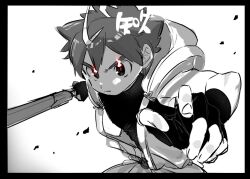 Rule 34 | 1boy, ahoge, closed mouth, commentary request, fingerless gloves, flaming eyes, gloves, holding, holding sword, holding weapon, hood, hood down, hooded jacket, izumi (tamacolle), jacket, male focus, shirt, sleeveless, sleeveless jacket, sleeveless shirt, sword, tamacolle, translation request, weapon, white background, yabuki sun