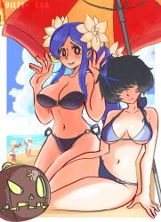 1boy 3girls absurdres arm_support bare_shoulders beach bikini black_bikini black_hair blue_bikini blue_hair blue_sky blue_streaks blush braid braided_ponytail breasts cloud cloudy_sky collarbone copyright_name dizzy_(guilty_gear) dorpos elphelt_valentine family flower frown groin guilty_gear guilty_gear_strive hair_flower hair_ornament hair_over_eyes highres large_breasts long_hair looking_at_viewer mature_female mother_and_daughter mother_and_son multicolored_hair multiple_girls navel ocean outdoors queen_dizzy shaded_face sidelocks sin_kiske sitting sky smile starlinkman stomach streaked_hair swept_bangs swimsuit thick_thighs thighs unika_(guilty_gear)