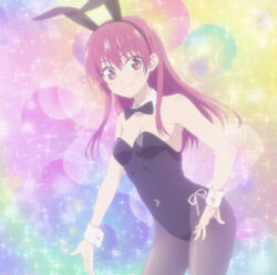 1girl anime_screenshot bare_shoulders black_bow black_bowtie black_pantyhose blush bow bowtie breasts cleavage closed_mouth clothing_cutout cuffs dot_nose female_focus highres kanojo_mo_kanojo leotard long_hair looking_at_viewer navel navel_cutout pantyhose playboy_bunny rabbit_ears red_eyes red_hair ribbon saki_saki_(kanojo_mo_kanojo) sleeveless small_breasts smile solo solo_focus white_ribbon