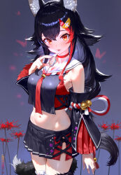 1girl :d animal_ear_fluff animal_ears bell black_hair black_serafuku black_shirt black_skirt black_sleeves choker commentary cowboy_shot cropped_shirt cross-laced_slit detached_sleeves double-parted_bangs english_commentary flipped_hair floral_print flower gem grey_background hair_between_eyes hair_ornament hairclip hand_up highres holding holding_gem hololive jingle_bell kouhaku_nawa long_hair looking_at_viewer low-tied_long_hair maro2ki3 midriff miniskirt multicolored_hair navel necktie ookami_mio ookami_mio_(1st_costume) open_mouth pleated_skirt pleated_sleeves red_choker red_hair red_necktie rope sailor_collar school_uniform serafuku shimenawa shirt side_slit sidelocks simple_background skirt sleeveless sleeveless_shirt smile solo spider_lily spiked_hair streaked_hair tail tail_around_own_leg very_long_hair virtual_youtuber white_sailor_collar wolf_ears wolf_girl wolf_tail yellow_eyes