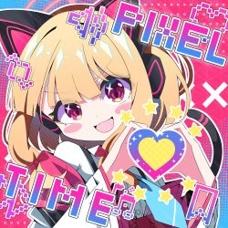Rule 34 | 1girl, :3, :d, absurdres, animal ear headphones, animal ears, arrow (symbol), beamed eighth notes, black tail, blonde hair, blue archive, blue background, blue necktie, blush stickers, bow, buttons, cat ear headphones, cat ears, cat tail, collared shirt, commentary, dress shirt, english text, eyes visible through hair, fake animal ears, fake tail, fang, hair bow, halftone, halftone background, halo, headphones, heart, heart hands, highres, jacket, kkukka41, long sleeves, looking at viewer, low-tied sidelocks, momoi (blue archive), multicolored jacket, musical note, necktie, off shoulder, open mouth, outline, pink background, pink eyes, pink halo, pink jacket, pixel heart, pixel text, red bow, shirt, short hair, sidelocks, smile, solo, star (symbol), tail, two-tone background, upper body, v-shaped eyebrows, white jacket, white outline, white shirt, x (symbol)