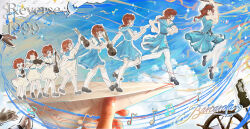 Rule 34 | 1girl, absurdres, age progression, aged down, barcarola (reverse:1999), beamed eighth notes, black shoes, blue background, blue shirt, blue skirt, blue sky, bow (music), character name, clapping, cloud, copyright name, dress, eighth note, full body, hat, highres, holding, holding bow (music), holding instrument, holding violin, instrument, jumping, long braid, long hair, mangxia xiang chi mangguo, miniskirt, multiple views, music, musical note, pantyhose, paper airplane, photo inset, playing instrument, profile, red hair, reverse:1999, sailor collar, shirt, shoes, signature, skirt, sky, sleeveless, sleeveless shirt, socks, standing, violin, walking, white dress, white hat, white pantyhose, white shirt, white socks
