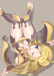 Rule 34 | 1girl, bad dobbyyyyy, blonde hair, blue eyes, blush, breast focus, breasts, chinese text, english text, fire emblem, fire emblem fates, highres, long hair, medium breasts, nintendo, one eye closed, open mouth, ophelia (fire emblem), sitting, smile, solo, thigh focus, thighhighs, thighs, toeless legwear, very long hair, wariza