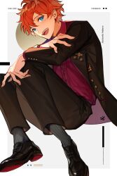 1boy akehoshi_subaru black_jacket black_pants black_shoes blue_eyes border character_name dongbackbyul ensemble_stars! grey_socks hair_between_eyes hand_on_own_arm hand_on_own_knee highres jacket long_sleeves looking_to_the_side male_focus open_clothes open_jacket open_mouth orange_hair pants shoes short_hair smile socks solo teeth upper_teeth_only white_border