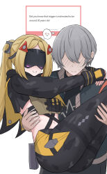 1boy 1girl absurdres arms_around_neck blonde_hair blush carrying fingerless_gloves gloves grey_hair hair_ornament hairpin highres hug jacket long_hair marshmallow_(site) midriff military_uniform multiple_hairpins namikare navel no_eyes ponytail princess_carry smile smile_emoji sweatdrop text_background trigger_(zenless_zone_zero) white_background wise_(zenless_zone_zero) zenless_zone_zero