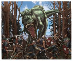 6+boys armor axe beard blonde_hair brown_hair capelet chainmail christian_sloan_hall dinosaur facial_hair forest highres holding holding_axe holding_shield holding_spoon holding_sword holding_weapon knife knife_sheath male_focus medium_hair mountain multiple_boys muscular muscular_male nature original polearm red_hair reverse_grip sheath shield short_hair spear spoon sword traditional_media tyrannosaurus_rex viking weapon