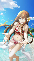 1girl ;d archived_source barefoot beach bikini blue_eyes breasts brown_hair cleavage cloud cloudy_sky day dutch_angle floating_hair flower front-tie_bikini_top front-tie_top game_cg hair_between_eyes hair_flower hair_ornament halterneck highres huke long_hair looking_at_viewer makise_kurisu navel ocean official_alternate_costume official_art one_eye_closed open_mouth outdoors outstretched_arms outstretched_hand palm_tree red_bikini sand sarong see-through_clothes sky small_breasts smile solo standing steins;gate straight_hair striped_bikini striped_clothes swimsuit third-party_source tree water water_drop