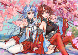 2girls absurdres azur_lane bare_shoulders blue_hair brown_eyes brown_hair cherry_blossoms closed_mouth detached_sleeves highres horns japanese_clothes long_hair looking_at_viewer mikuma_(azur_lane) mogami_(azur_lane) multiple_girls neur_(33025731) outdoors parted_lips red_eyes red_thighhighs siblings single_horn sisters sitting thighhighs tree v water white_thighhighs wide_sleeves