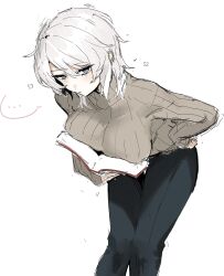 Rule 34 | ..., 1girl, absurdres, black pants, blue eyes, boobs in book (meme), book, breasts, closed mouth, faust (project moon), highres, holding, holding book, kim nyangpeon, large breasts, limbus company, long sleeves, looking at viewer, meme, pants, project moon, ribbed sweater, short hair, sidelocks, simple background, solo, speech bubble, sweater, white background, white hair