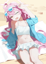 1girl absurdres ahoge arm_support arm_up beach_towel bikini bikini_skirt bikini_under_clothes blue_archive blue_jacket blush chinese_commentary collarbone commentary crossed_bangs drawstring eyewear_on_head fanshuimucishen feet_out_of_frame footprints frilled_bikini frills hair_between_eyes hair_spread_out halo highres hoshino_(blue_archive) hoshino_(swimsuit)_(blue_archive) jacket leaning_back long_hair long_sleeves navel official_alternate_costume one_eye_closed open_clothes open_jacket open_mouth orange_eyes paw_print pink_hair pink_halo shading_eyes shadow single_bare_shoulder single_off_shoulder sitting solo spaghetti_strap stomach sunglasses swimsuit towel very_long_hair white_bikini