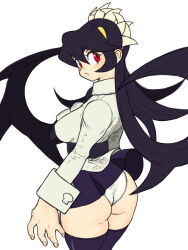 1girl ass cowboy_shot filia_(skullgirls) long_hair looking_back panties parted_lips pleated_skirt purple_hair red_eyes school_uniform skirt skullgirls solo thighhighs toshinoshin underwear wedgie white_background