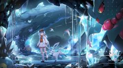 1girl artist_name bandana bandana_around_neck baseball_cap black_gloves black_hat black_shoes blue_hair cave_interior character_request crystal fingerless_gloves full_body gen_2_pokemon gen_4_pokemon glaceon glint gloves hat highres jacket long_hair long_sleeves loose_socks misdreavus nintendo open_clothes open_jacket open_mouth orange_bandana orange_gloves orange_vest original pabuk5w pleated_skirt pokemon pokemon_(creature) ponytail scream_tail shoes sidelocks skirt socks standing two-tone_gloves vest watermark white_jacket white_skirt white_socks wide_shot yellow_eyes