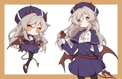 Rule 34 | 1girl, blonde hair, blue dress, blue hat, border, brown shoes, brown wings, buttons, chibi, closed mouth, colored skin, demon tail, demon wings, double-parted bangs, dress, fire, fold-over boots, gloves, hand up, hat, highres, horns, long hair, long sleeves, looking at viewer, low wings, mari sleep, mini wings, multiple views, orange border, orange eyes, original, outside border, pointy ears, pyrokinesis, shoes, simple background, tail, white skin, wings