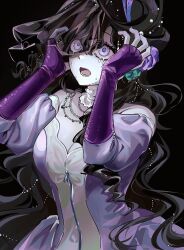Rule 34 | 1girl, bare shoulders, black background, black hair, black hat, breasts, cleavage, dress, gown, hands up, hat, highres, isolde (reverse:1999), jewelry, juliet sleeves, long hair, long sleeves, meong-ge, necklace, open mouth, pearl necklace, pink dress, puffy sleeves, purple dress, purple eyes, reverse:1999, sanpaku, scared, see-through clothes, see-through veil, solo, tears, upper body, veil, very long hair, wavy hair