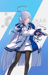 Rule 34 | 1girl, absurdres, black pantyhose, blue archive, blue necktie, chinese commentary, closed mouth, commentary, gun, halo, handgun, headphones, highres, holding, holding gun, holding weapon, jacket, long hair, looking at viewer, mechanical halo, multicolored halo, necktie, noa (blue archive), one eye closed, pantyhose, purple eyes, red dot sight, shirt, skirt, smile, solo, staccato 2011, very long hair, weapon, white hair, white jacket, white shirt, white skirt, zagwei