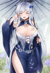 1girl bare_shoulders blue_eyes blush braid breast_curtains breasts cleavage closed_eyes commission covered_navel cowboy_shot detached_sleeves dress eyebrows_hidden_by_hair flower gijang hair_flower hair_ornament hair_stick half_up_braid halter_dress halterneck hand_in_own_hair hand_up highres large_breasts lenhee_(kaito) long_dress long_hair looking_at_viewer mole mole_under_eye oil-paper_umbrella open_mouth original rain second-party_source see-through_clothes side_braid side_slit sidelocks smile solo umbrella very_long_hair wet wet_clothes white_hair wide_sleeves
