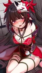 1girl anklet arms_behind_back bare_legs bare_shoulders bdsm bell blush bondage bound breasts brown_hair choker commentary dress flower_ornament fox_mask hair_ornament honkai:_star_rail honkai_(series) indoors japanese_clothes jewelry jingle_bell kimono large_breasts long_hair looking_at_viewer mask neck_bell o-ring open_mouth othellonia_teru red_dress red_eyes red_kimono restrained ribbon sexual_harassment shibari sitting sparkle_(honkai:_star_rail) tattoo twintails