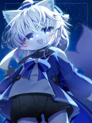 1boy :3 absurdres ahoge animal_ears black_shorts blue_bow blue_eyes blurry blush bow cat_boy cat_ears chromatic_aberration clothing_cutout fang furry furry_male hat highres long_sleeves looking_at_viewer male_focus nefraito open_mouth original sailor_collar sailor_hat shirt shorts shoulder_cutout sky solo star_(sky) starry_sky starry_sky_background white_hair